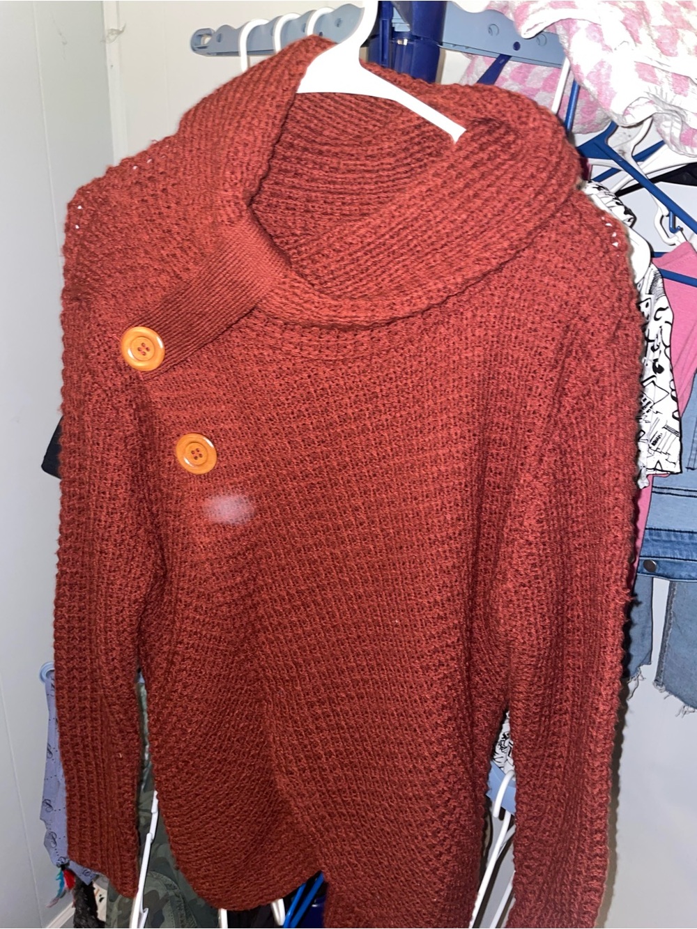 Button-Shoulder Cowl Neck Sweater in Rust